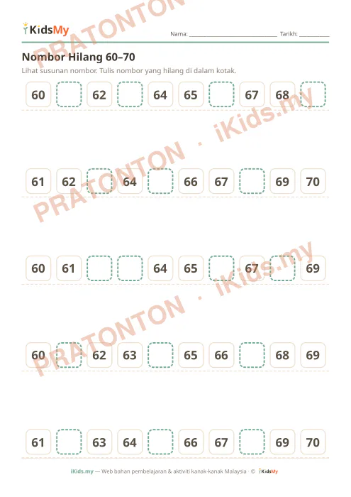 Pratonton muka 1 lembaran Nombor Hilang 60–70 — Matematik Tahun 1