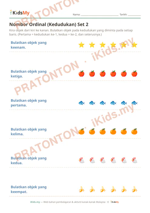 Pratonton muka 1 lembaran Nombor Ordinal (Kedudukan) Set 2 — Matematik Tahun 1