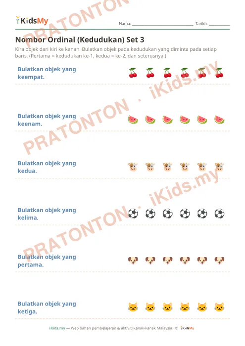 Pratonton muka 1 lembaran Nombor Ordinal (Kedudukan) Set 3 — Matematik Tahun 1