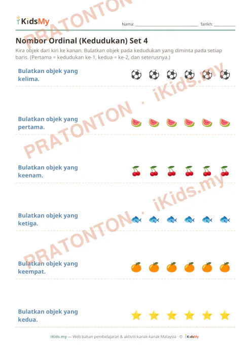 Pratonton muka 1 lembaran Nombor Ordinal (Kedudukan) Set 4 — Matematik Tahun 1