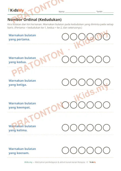 Pratonton muka 1 lembaran Nombor Ordinal (Kedudukan) — Matematik Tahun 1