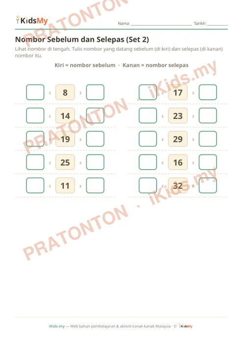 Pratonton muka 1 lembaran Nombor Sebelum dan Selepas (Set 2) — Matematik Tahun 1