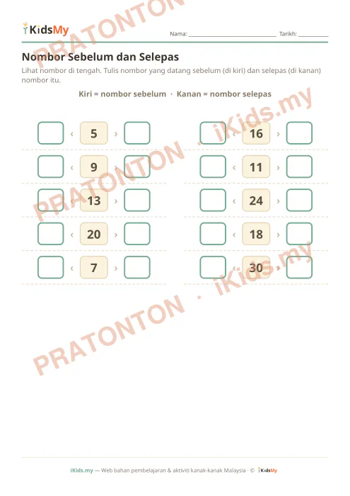 Pratonton muka 1 lembaran Nombor Sebelum dan Selepas — Matematik Tahun 1