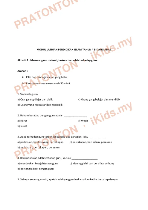 Pratonton muka 6 lembaran Nota Adab — Pendidikan Islam Tahun 4