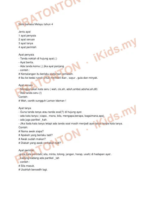 Pratonton muka 1 lembaran Nota Bahasa Melayu — Bahasa Melayu Tahun 4