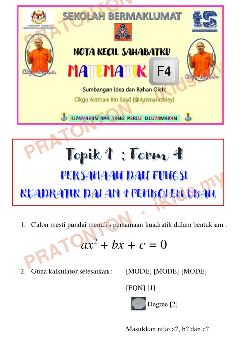 Pratonton muka 1 lembaran NOTA KECIL MATH T4 — Matematik Tahun 4