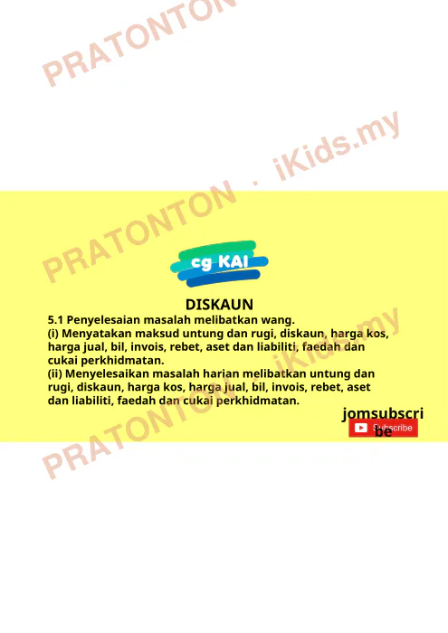 Pratonton muka 1 lembaran Nota Matematik Tahun 5 — Penyelesaian Masalah Melibatkan Wang (Diskaun) — Matematik Tahun 5