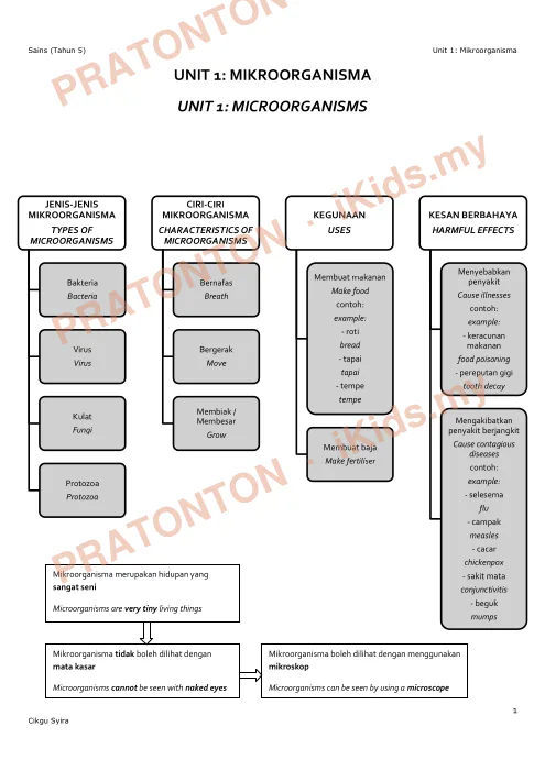 Pratonton muka 1 lembaran Nota Sains Tahun 5 — Unit 1: Mikroorganisma — Sains Tahun 5
