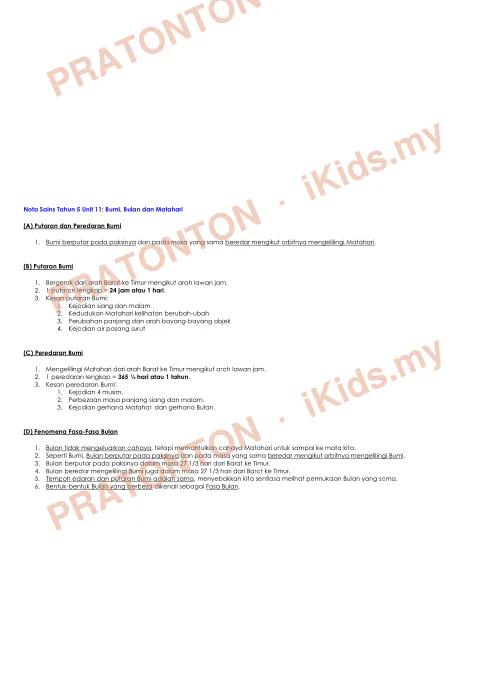 Pratonton muka 1 lembaran Nota Sains Tahun 5 — Unit 11: Bumi, Bulan dan Matahari (Ringkas) — Sains Tahun 5