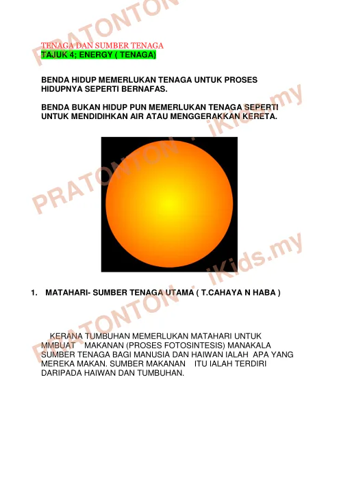 Pratonton muka 1 lembaran Nota Sains Tahun 5 — Unit 5: Tenaga dan Elektrik — Sains Tahun 5