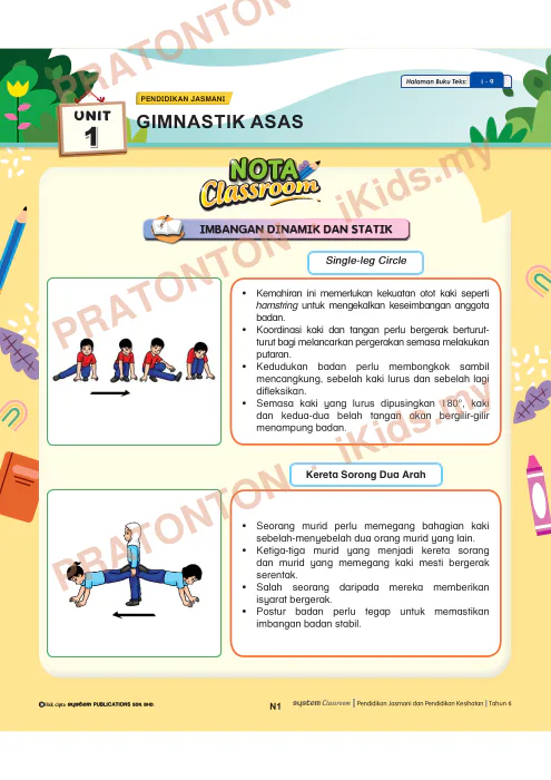 Pratonton muka 1 lembaran Nota Unit 1 — Pendidikan Jasmani: Gimnastik Asas — Pendidikan Kesihatan Tahun 6