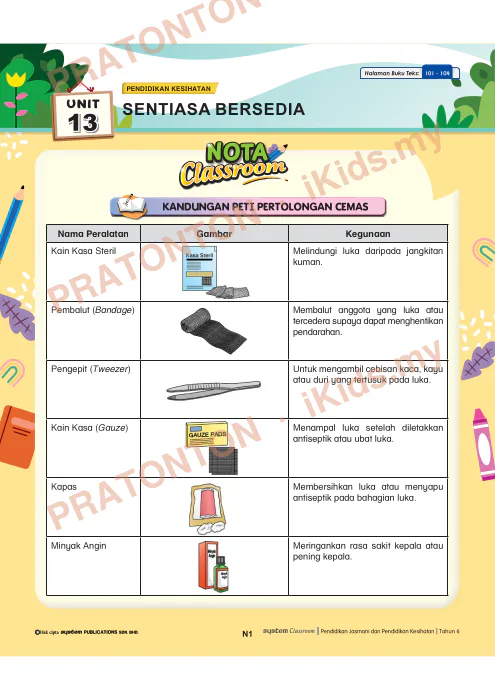 Pratonton muka 1 lembaran Nota Unit 13 — Pendidikan Kesihatan: Sentiasa Bersedia — Pendidikan Kesihatan Tahun 6
