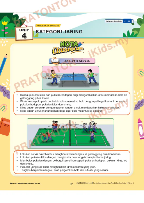 Pratonton muka 1 lembaran Nota Unit 4 — Pendidikan Jasmani: Kategori Jaring — Pendidikan Kesihatan Tahun 6