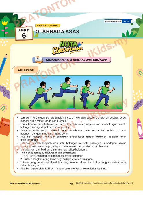 Pratonton muka 1 lembaran Nota Unit 6 — Pendidikan Jasmani: Olahraga Asas — Pendidikan Kesihatan Tahun 6