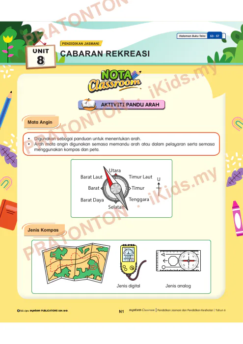 Pratonton muka 1 lembaran Nota Unit 8 — Pendidikan Jasmani: Cabaran Rekreasi — Pendidikan Kesihatan Tahun 6