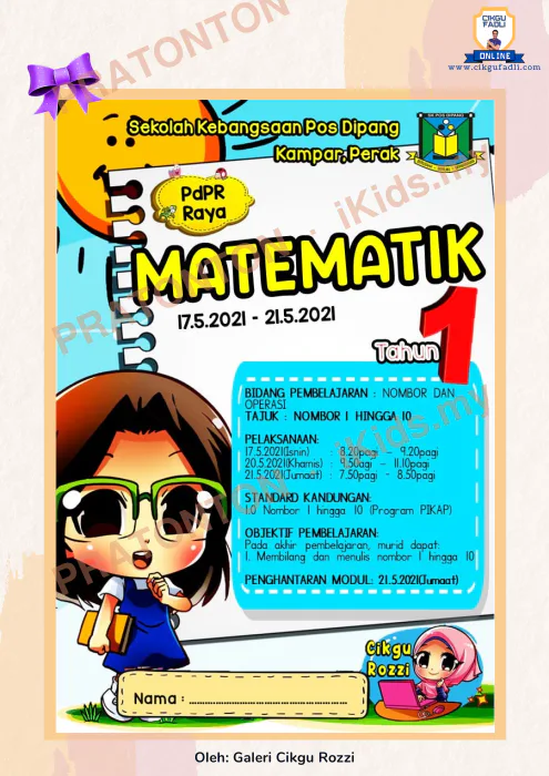 Pratonton muka 1 lembaran ONLINE — Matematik Tahun 1