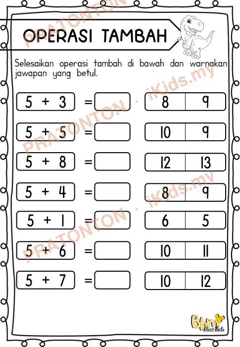 Pratonton muka 6 lembaran OPERASI TAMBAH — Matematik Tahun 1