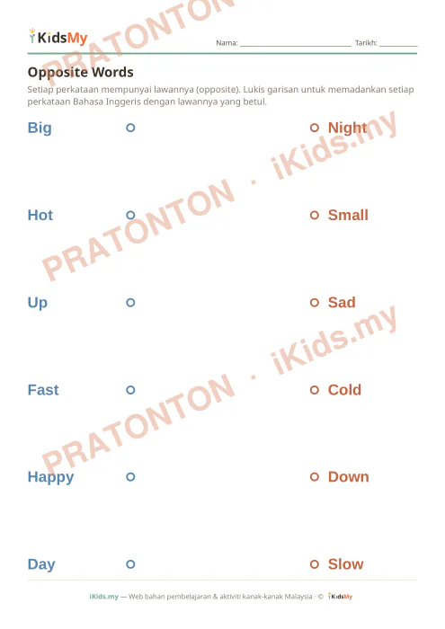 Pratonton muka 1 lembaran Opposite Words — Bahasa Inggeris Tahun 1