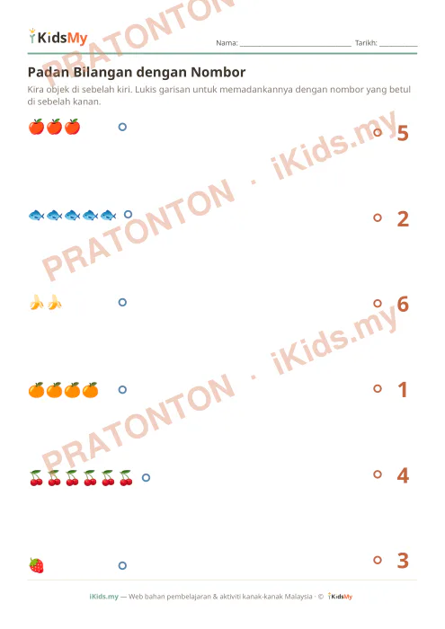Pratonton muka 1 lembaran Padan Bilangan dengan Nombor — Matematik Tahun 1