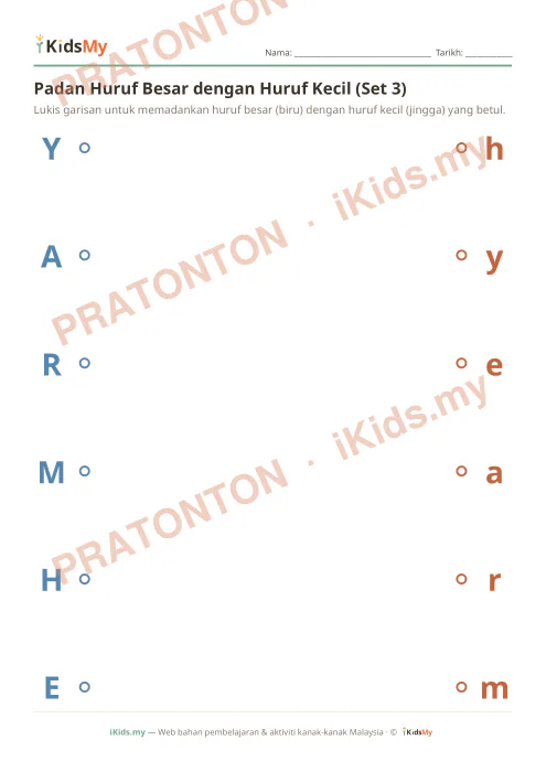 Pratonton muka 1 lembaran Padan Huruf Besar dengan Huruf Kecil (Set 3) — Bahasa Melayu Tadika (2-6)