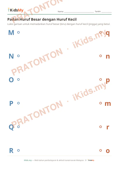 Pratonton muka 1 lembaran Padan Huruf Besar dengan Kecil (Set 2: M–X) — Bahasa Melayu Tadika (2-6)