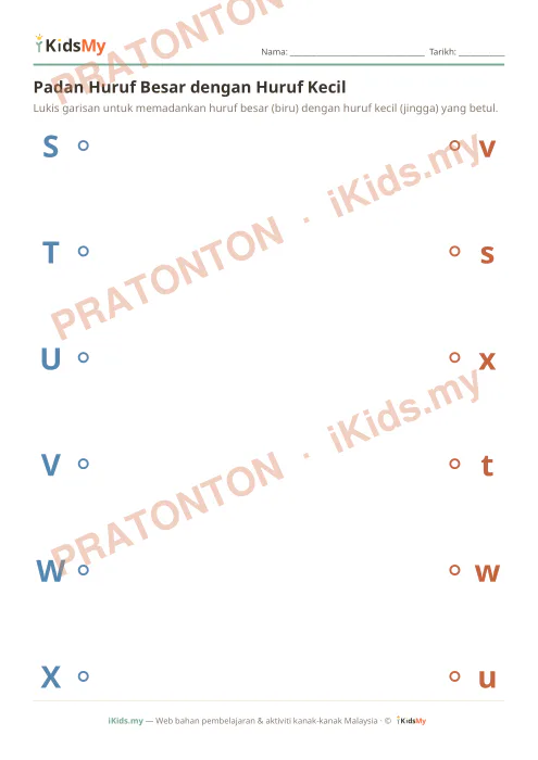 Pratonton muka 2 lembaran Padan Huruf Besar dengan Kecil (Set 2: M–X) — Bahasa Melayu Tadika (2-6)