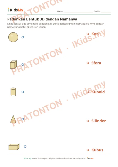 Pratonton muka 1 lembaran Padankan Bentuk 3D dengan Namanya — Matematik Tahun 1