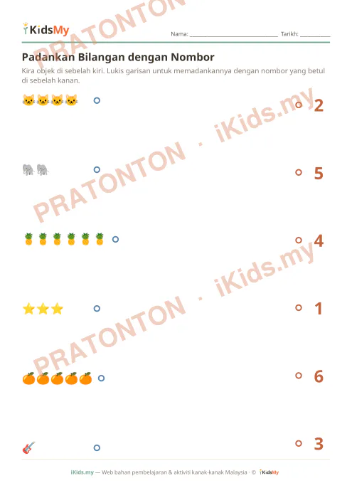 Pratonton muka 1 lembaran Padankan Bilangan dengan Nombor (Set 2) — Matematik Anak Istimewa