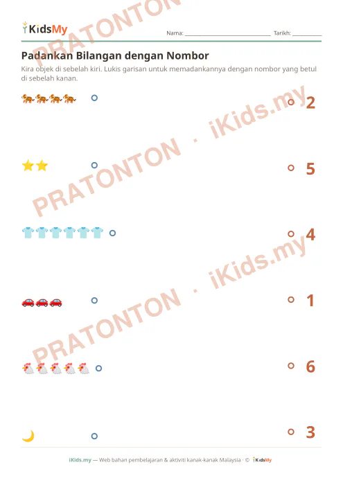 Pratonton muka 1 lembaran Padankan Bilangan dengan Nombor (Set 5) — Matematik Anak Istimewa