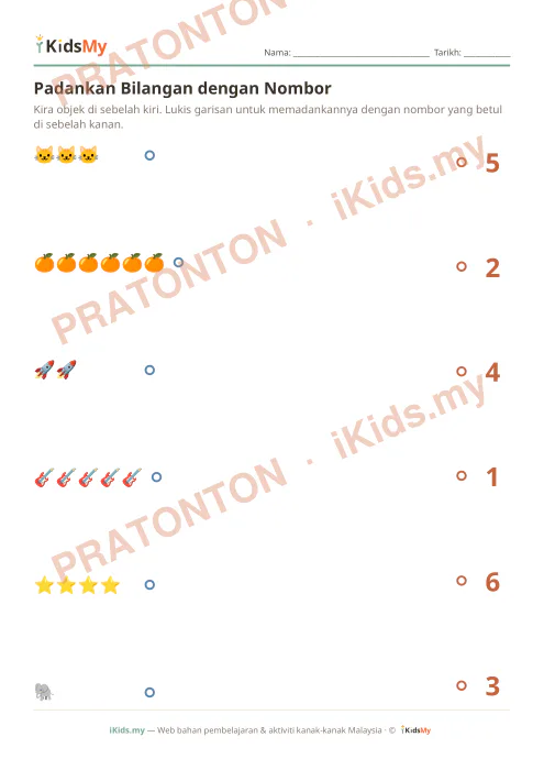 Pratonton muka 1 lembaran Padankan Bilangan dengan Nombor (Set 6) — Matematik Anak Istimewa