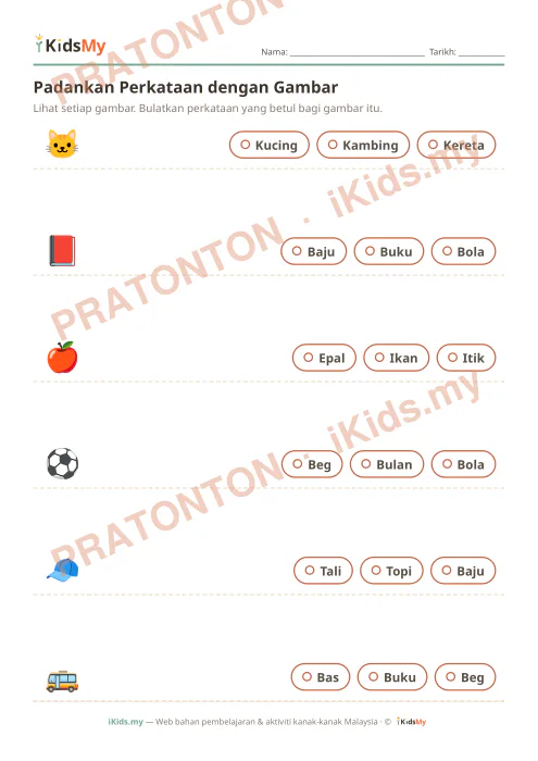 Pratonton muka 1 lembaran Padankan Perkataan dengan Gambar — Bahasa Melayu Tadika (2-6)