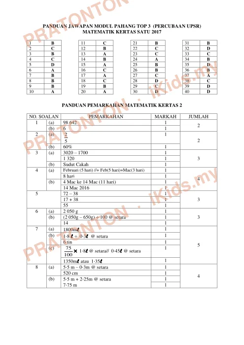 Pratonton muka 1 lembaran Panduan Jawapan Matematik Kertas 1 — Modul Pahang TOP 3 — Matematik Tahun 6