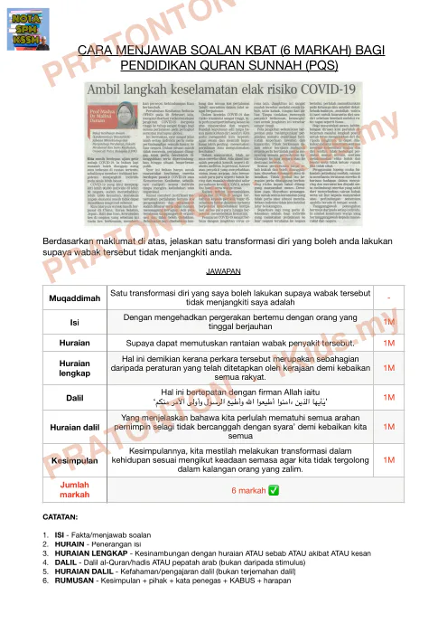 Pratonton muka 2 lembaran Panduan Menjawab Soalan KBAT 6 Markah — Pendidikan Syariah Islamiah dan PQS — Pendidikan Islam Tahun 5