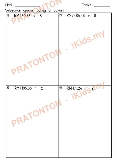 Pratonton muka 1 lembaran Latihan Wang — Matematik Tahun 4