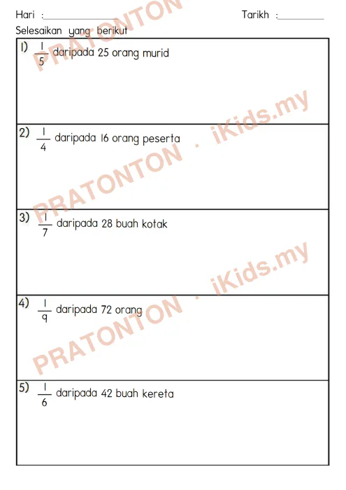 Pratonton muka 1 lembaran Latihan Pecahan — Matematik Tahun 4