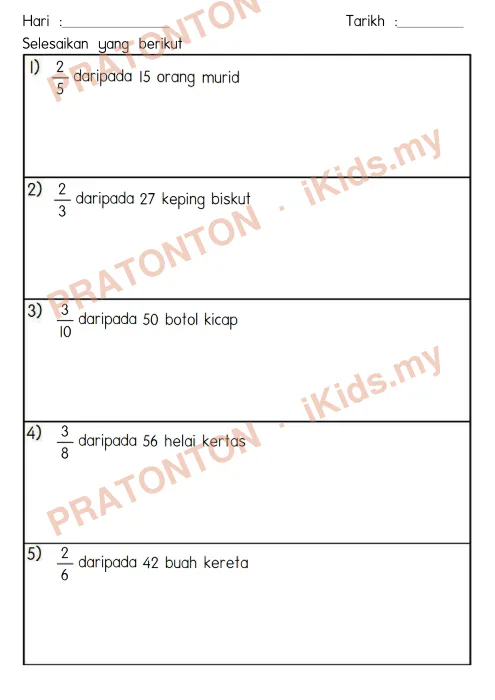 Pratonton muka 2 lembaran Latihan Pecahan — Matematik Tahun 4
