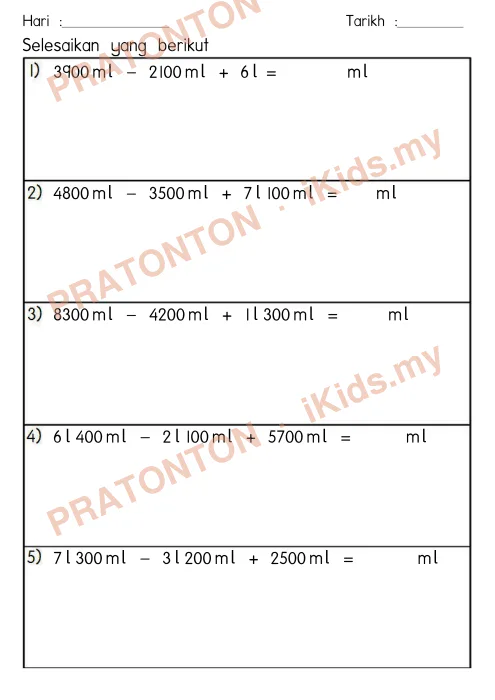 Pratonton muka 1 lembaran Latihan Ukuran — Matematik Tahun 4