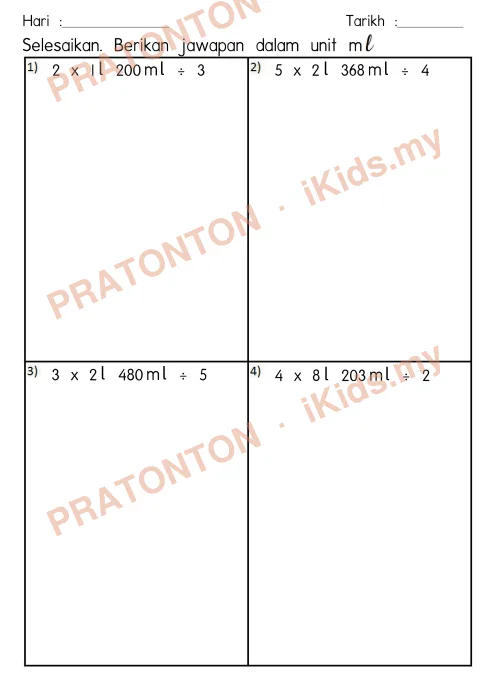 Pratonton muka 2 lembaran Latihan Ukuran — Matematik Tahun 4