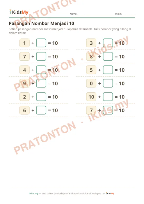 Pratonton muka 1 lembaran Pasangan Nombor Menjadi 10 — Matematik Tahun 1