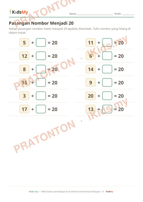 Pratonton muka 1 lembaran Pasangan Nombor Menjadi 20 — Matematik Tahun 1