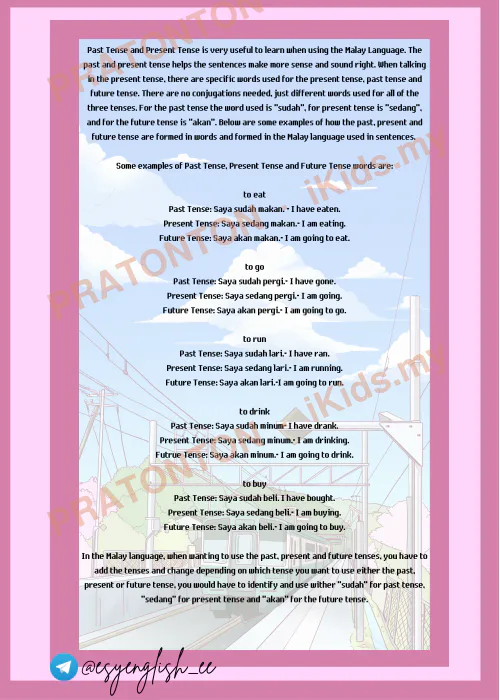 Pratonton muka 2 lembaran PAST TENSE, PRESENT — Bahasa Inggeris Tahun 1