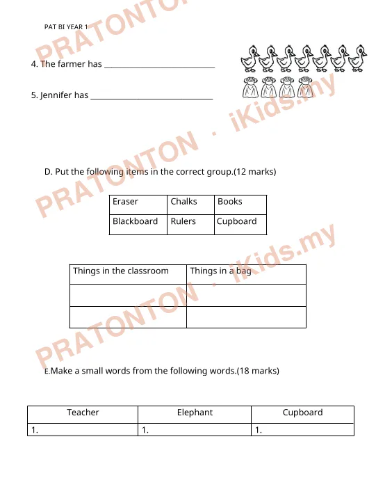 Pratonton muka 4 lembaran PAT BI YEAR 1 — Bahasa Inggeris Tahun 1