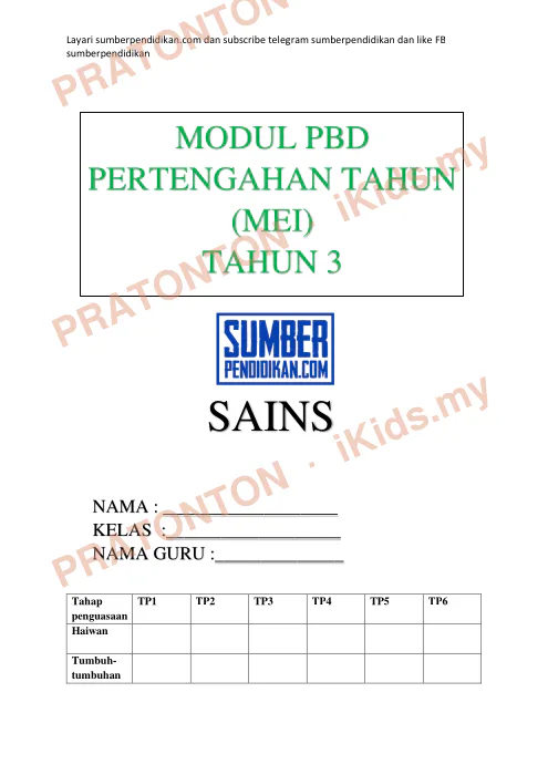 Pratonton muka 1 lembaran PBD Sains — Sains Tahun 3