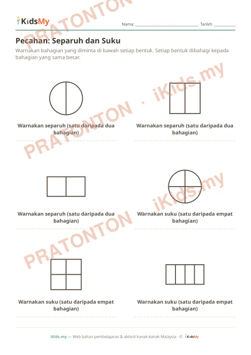 Pratonton muka 1 lembaran Pecahan: Separuh dan Suku — Matematik Tahun 1