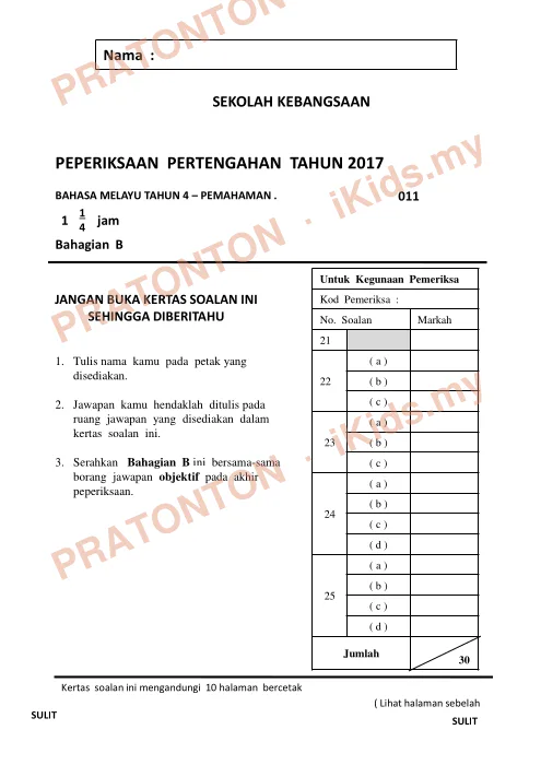 Pratonton muka 6 lembaran Pemahaman Bahasa Melayu — Bahasa Melayu Tahun 3