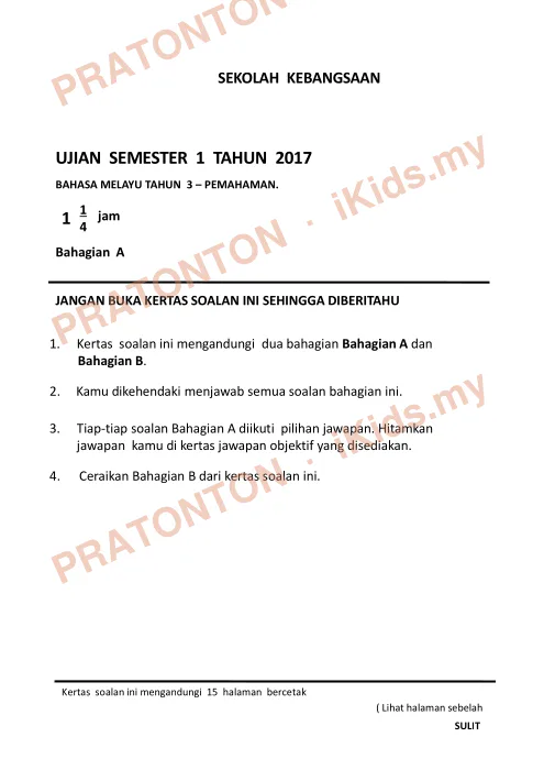 Pratonton muka 1 lembaran Pemahaman Bahasa Melayu — Bahasa Melayu Tahun 3