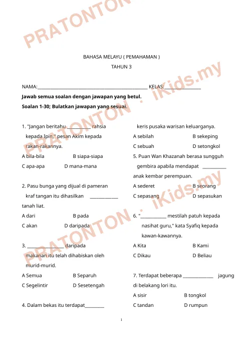 Pratonton muka 1 lembaran Pemahaman Bahasa Melayu — Bahasa Melayu Tahun 3