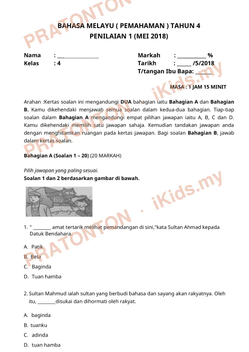 Pratonton muka 1 lembaran Pemahaman Bahasa Melayu — Bahasa Melayu Tahun 4