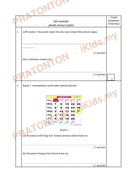 Pratonton muka 1 lembaran Kertas Pemeriksaan Matematik — Matematik Tahun 4