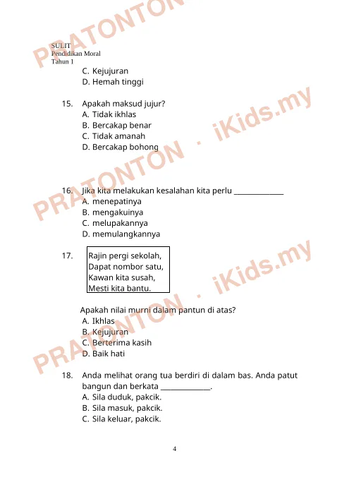 Pratonton muka 4 lembaran Pendidikan Moral Soalan — Pendidikan Moral Tahun 1